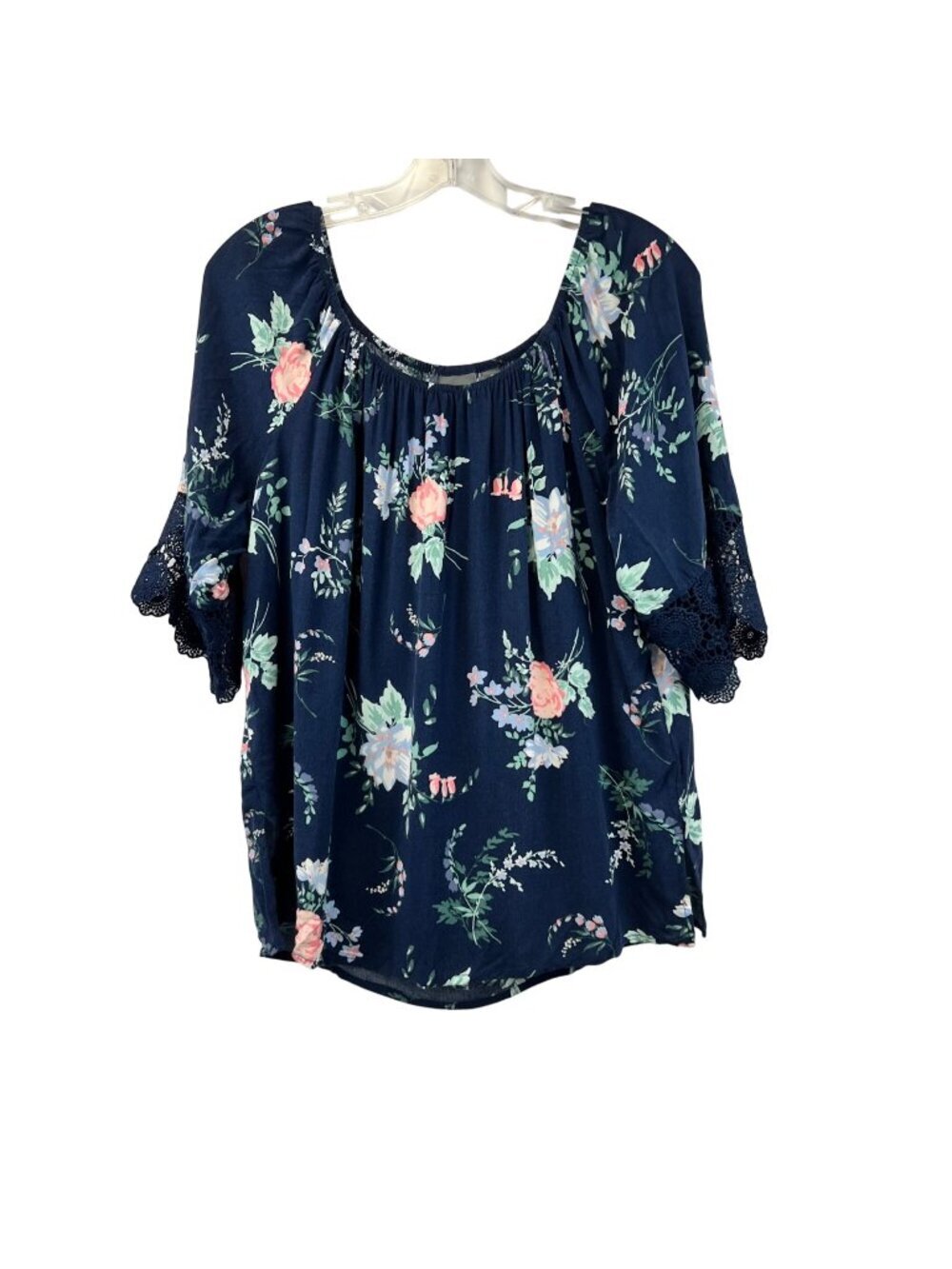 Soho New York & Company Floral Top 3/4 Crochet Sleeve Blue/Multi Size Medium